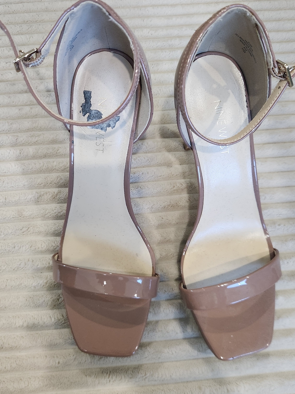 Nine West Nude Patent Square-Toe Ankle-Strap Heels